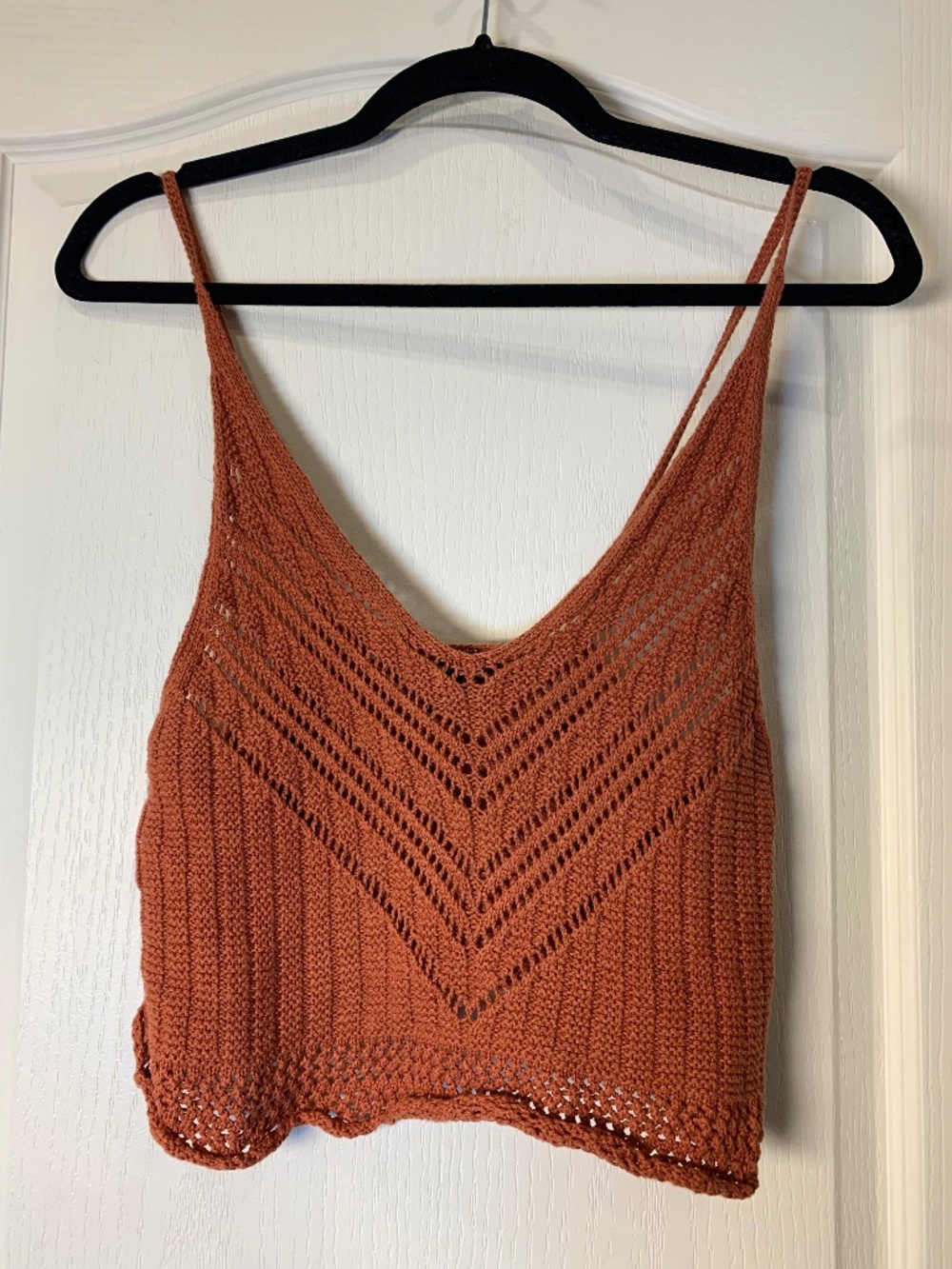Crochet Knit Cropped Tank Top Rust Brown Boho Festival Size S 70's inspired